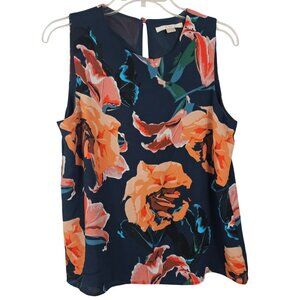 Womens Business Casual Workwear Office Sheer NavyBlue Orange Floral Blouse C&E M